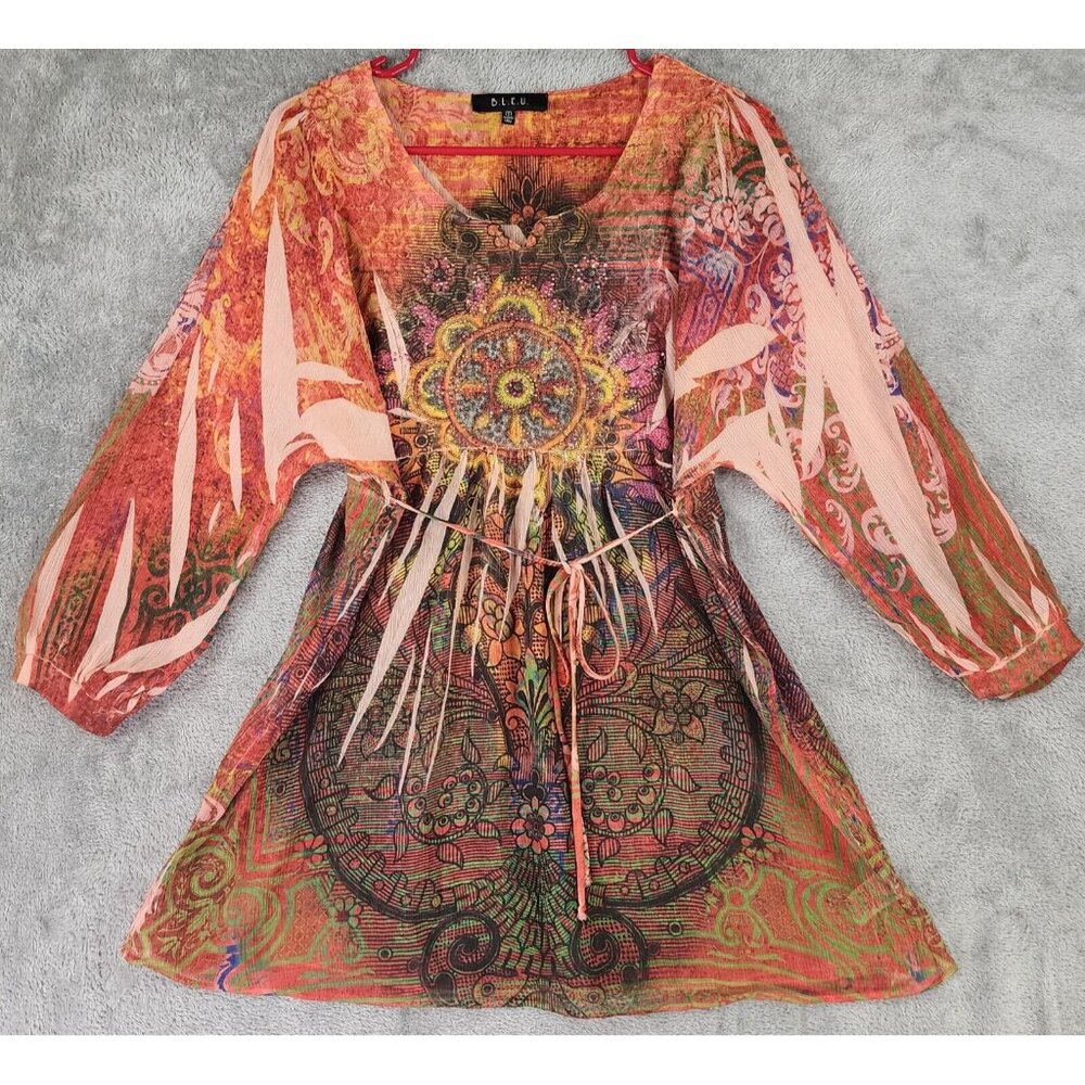 BLEU Shirt Womens Medium Multicolor Paisley Beaded Boho Long Sleeve Tunic Blouse